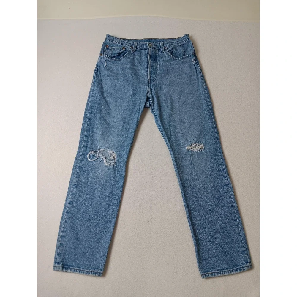 Levi's 501 Jeans Mens W30 L30 Blue Light Wash Distressed Denim Regular Fit